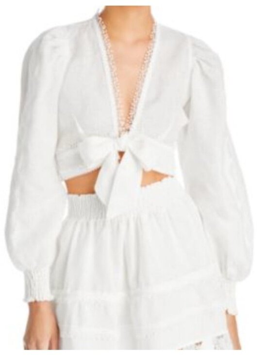 Waimari Tops - Waimari Women Cropped V-Neck Tie Front White Long Sleeve Blouse Size L